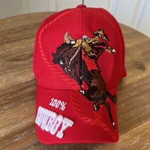 Red Cowboy Embroidered Cap. 100% Cowboy.